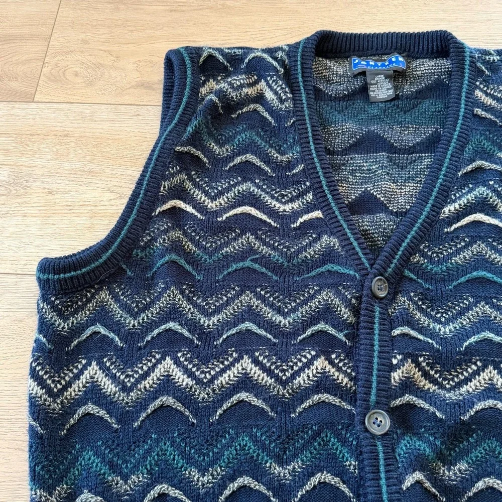 Vtg Jantzen Sweater Vest Chevron Button Up Mens Large 90s Preppy Grandpa Cosby
